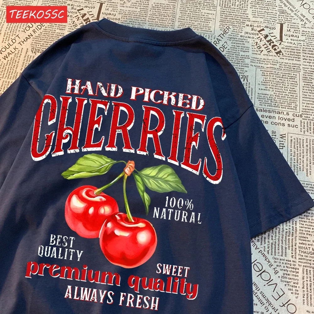 Color: army green, Size: L - Summer Lemon Cherries Prints T-Shirts Cotton Women's Tops Oversize O-Neck Soft Short Sleeve tees Street Casual Womans Clothes