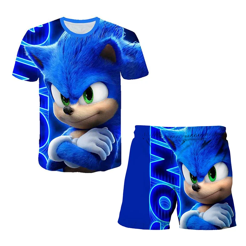 Color: Clear, Size: 12cm - New Japanese cartoon Sonic T-shirt children's top T-shirt shorts two-piece set summer boy cartoon cute T-shirt+beach pants