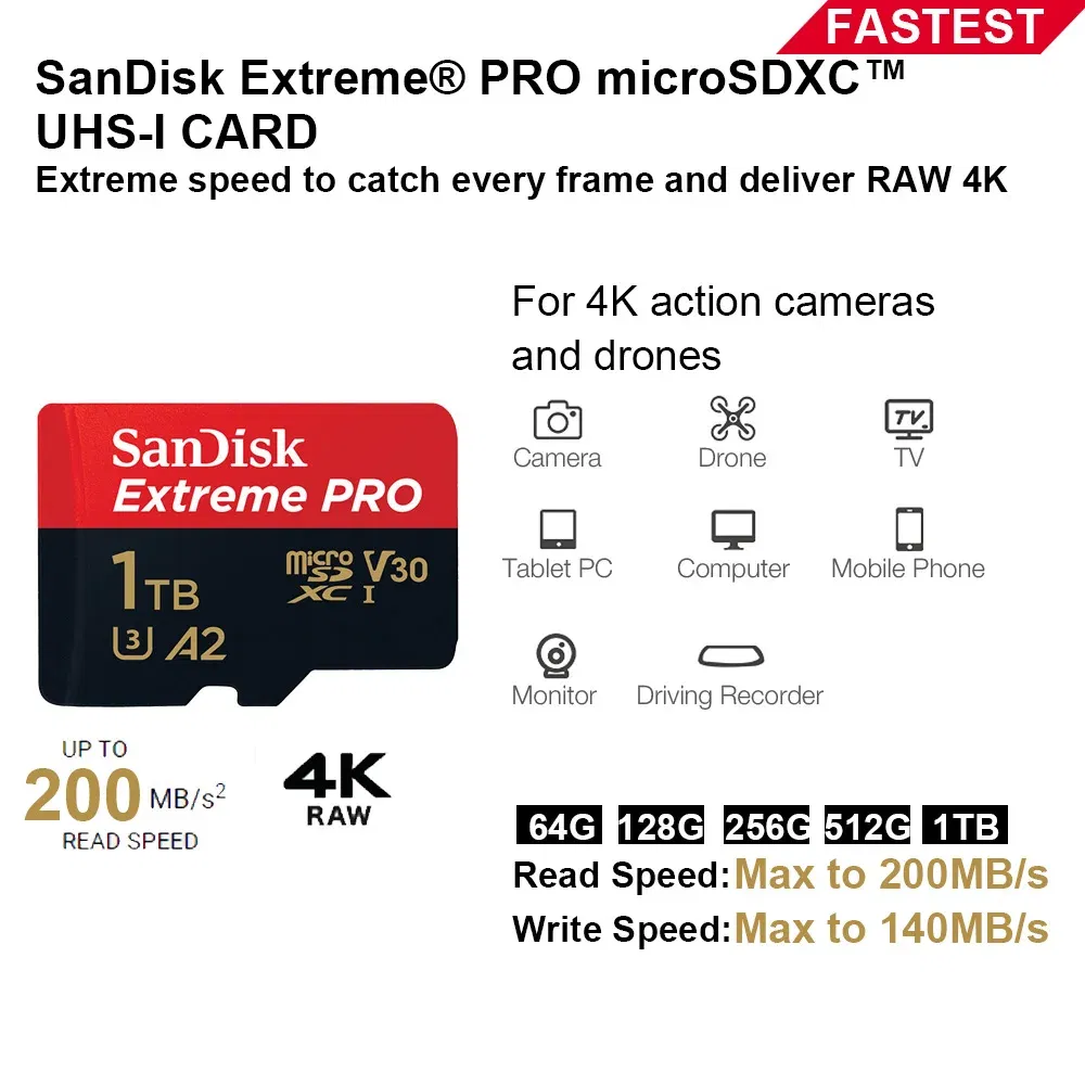 Capacity: 128GB - SanDisk Micro SD Memory Card 100% Original C10 U1 U3 4K HD Trans Flash Cards for Camera GoPro DJI Nintendo Switch MicroSDXC Card