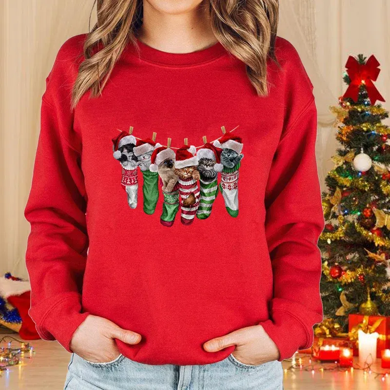 Color: Orange, Size: L - New fashion women's Christmas cat sweater long-sleeved round neck pullover sweater fall and winter Christmas women's tops
