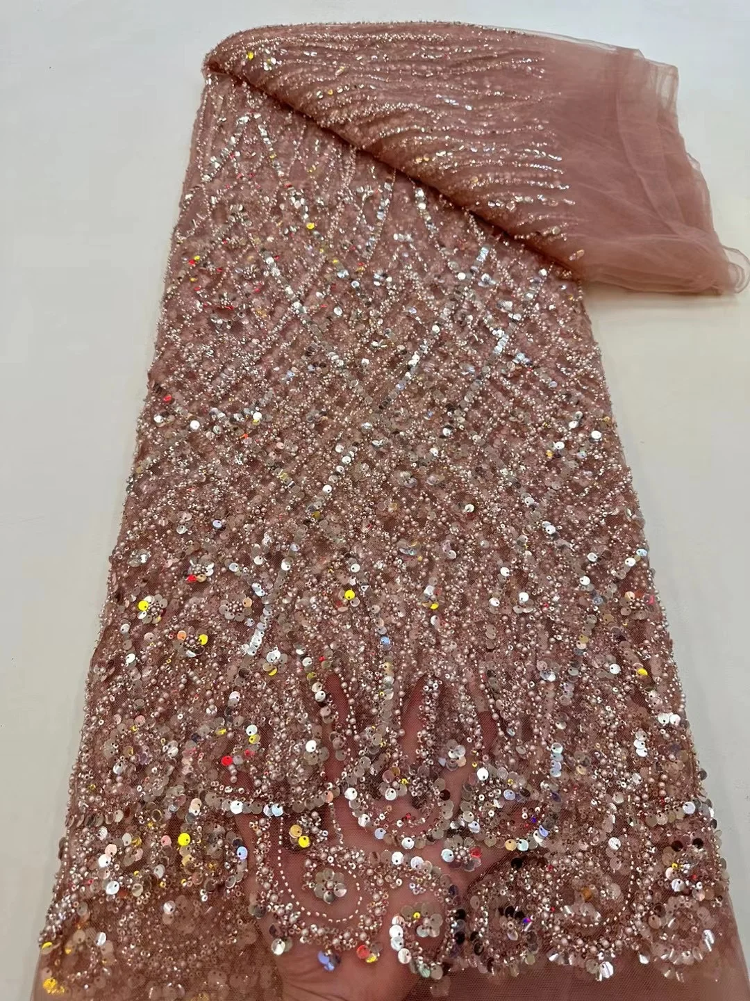 Color: BROWN, Width: 120cm, Length: 5 yards - Ni Ai African Sequins Beaded Groom Lace Fabric High Quality French Tulle Lace Fabric 2025 Embroidery Nigerian Lace Fabrics