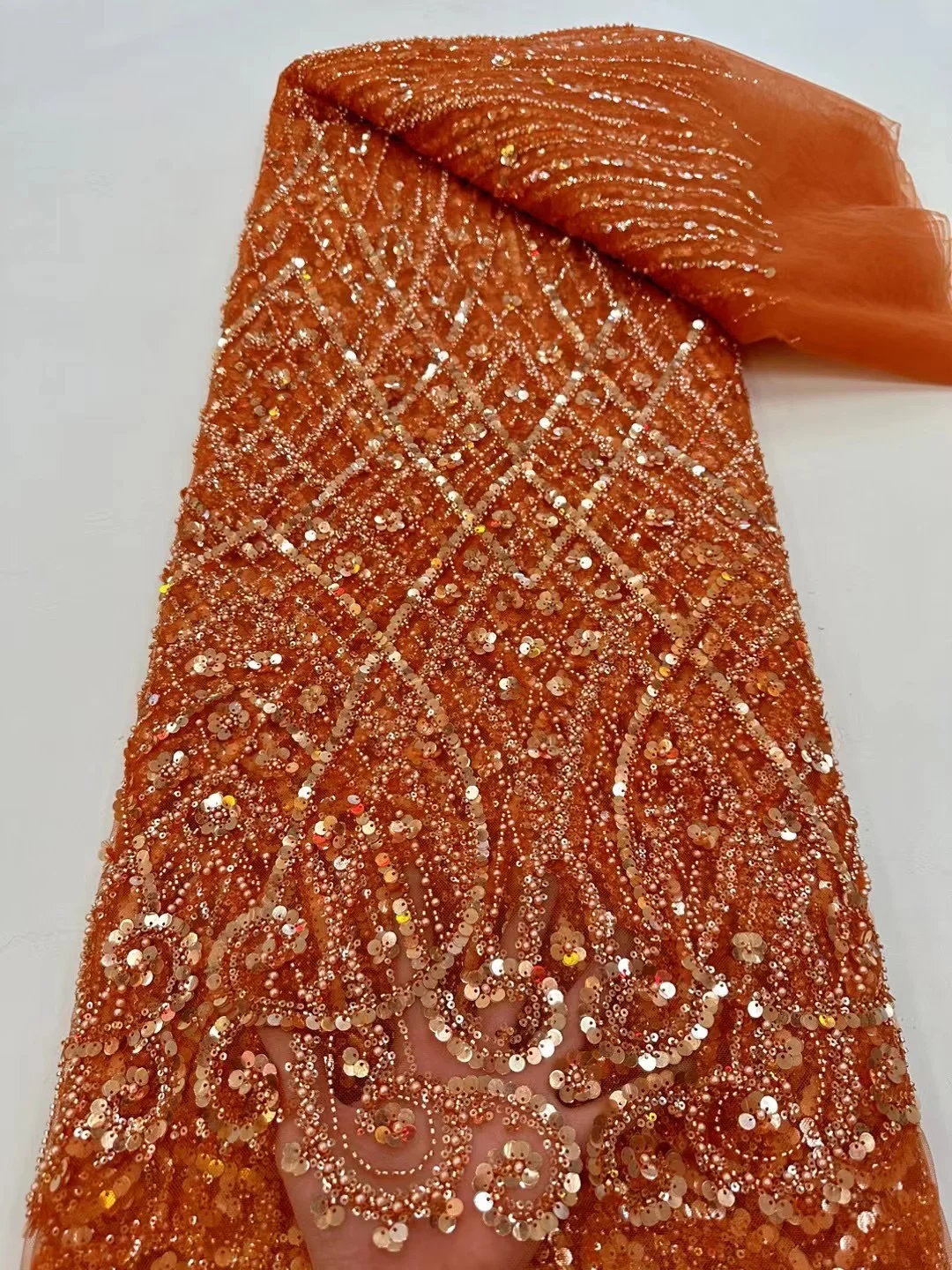Color: BROWN, Width: 120cm, Length: 5 yards - Ni Ai African Sequins Beaded Groom Lace Fabric High Quality French Tulle Lace Fabric 2025 Embroidery Nigerian Lace Fabrics