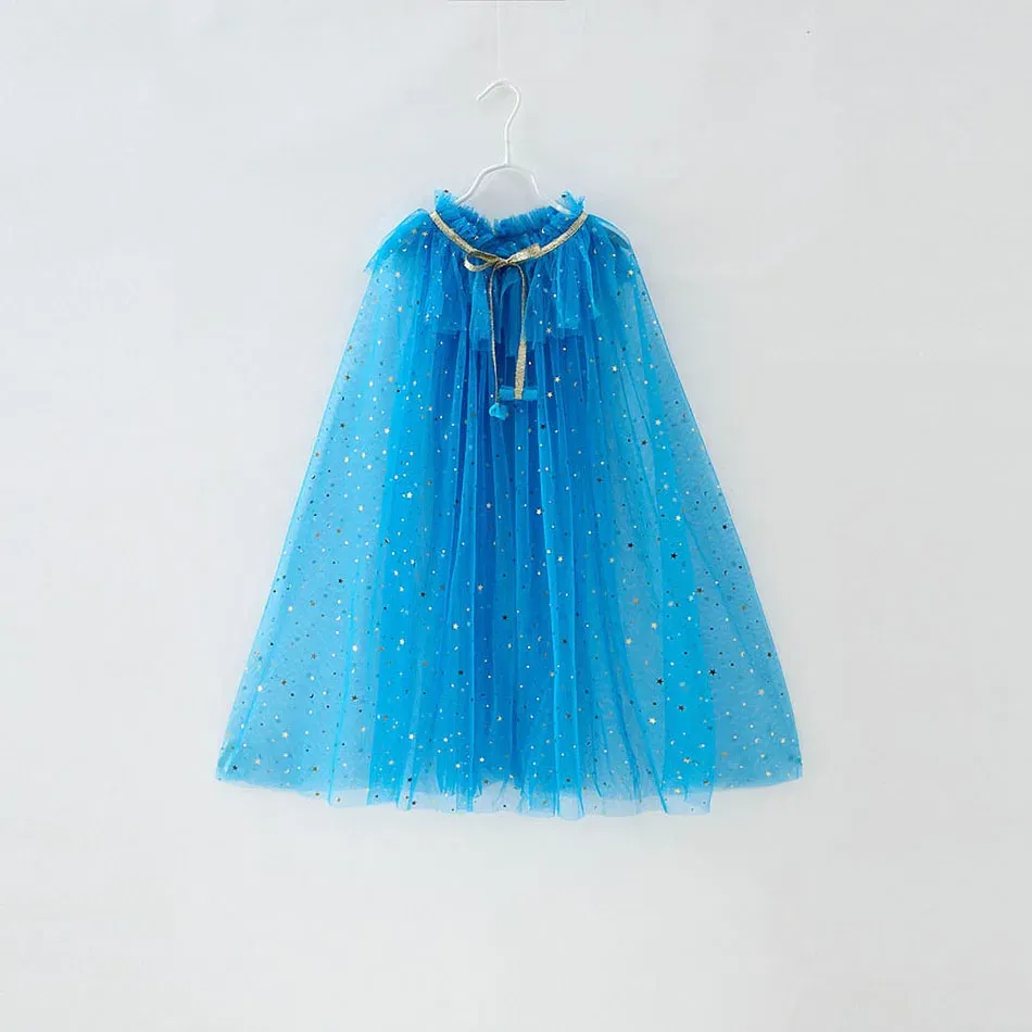 Color: Blue, Kid Size: 12T - Little Girls Sequins Tulle Cape Children Princess Party Dress Up Cloaks Summer Thin Blue Pink White Halloween Birthday Costumes
