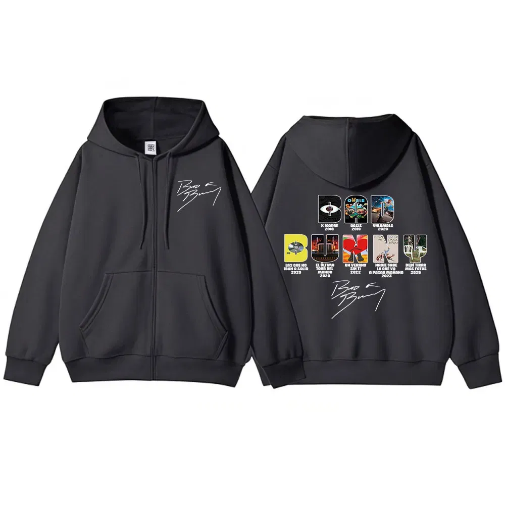 Color: Brown, Size: M - Rapper Bad Bunny Music Album Cover Print Zipper Hoodies Men Women Clothing Hip Hop Zip Up Sweatshirts Long Sleeve Hoodie Jackets