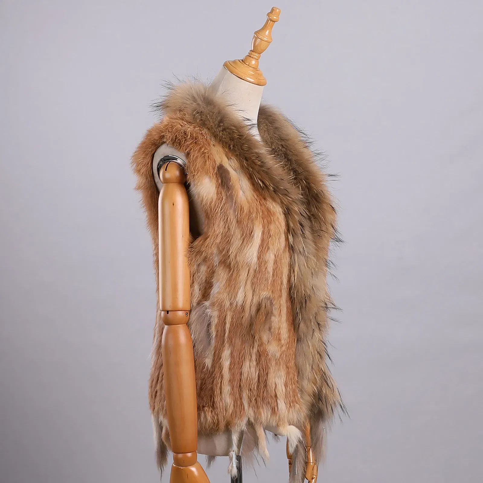 Color: Blue, Size: M - Luxury Women's Genuine Premium Long Hair Rabbit Fur Knit Vest Raccoon Fur Trim Gilet Lady Sleeveless Waistcoat Real Fur Jacket