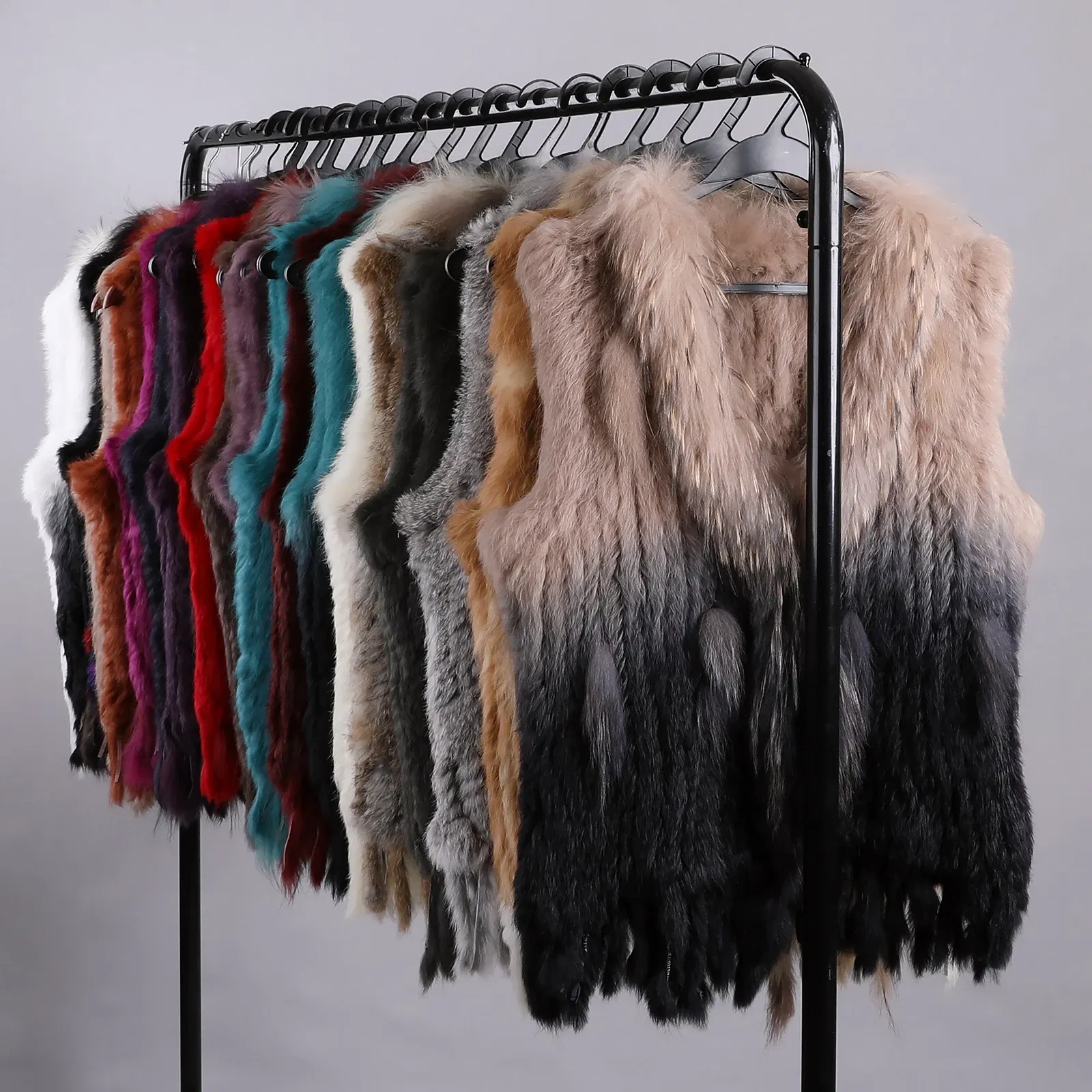 Color: Blue, Size: M - Luxury Women's Genuine Premium Long Hair Rabbit Fur Knit Vest Raccoon Fur Trim Gilet Lady Sleeveless Waistcoat Real Fur Jacket