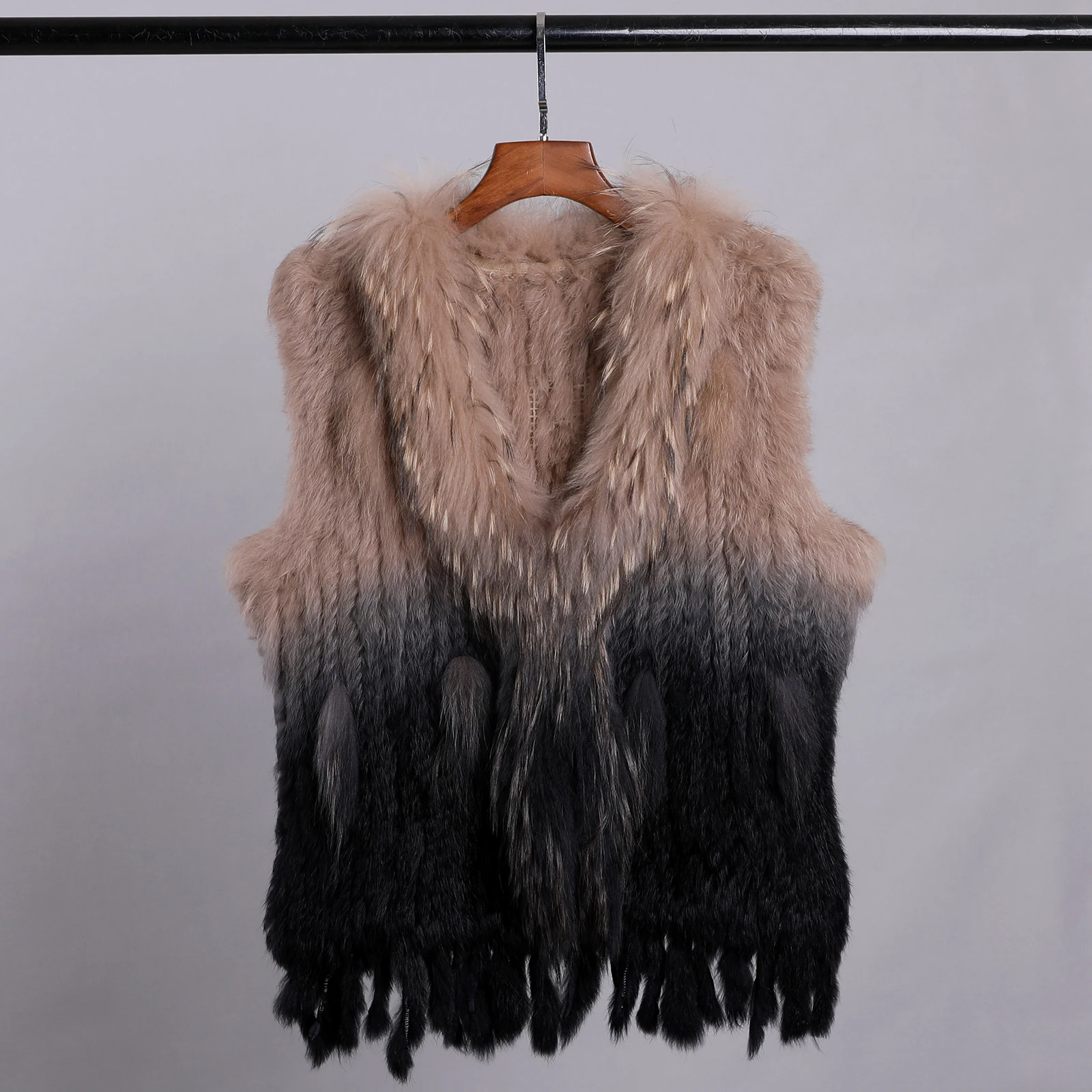 Color: Blue, Size: M - Luxury Women's Genuine Premium Long Hair Rabbit Fur Knit Vest Raccoon Fur Trim Gilet Lady Sleeveless Waistcoat Real Fur Jacket