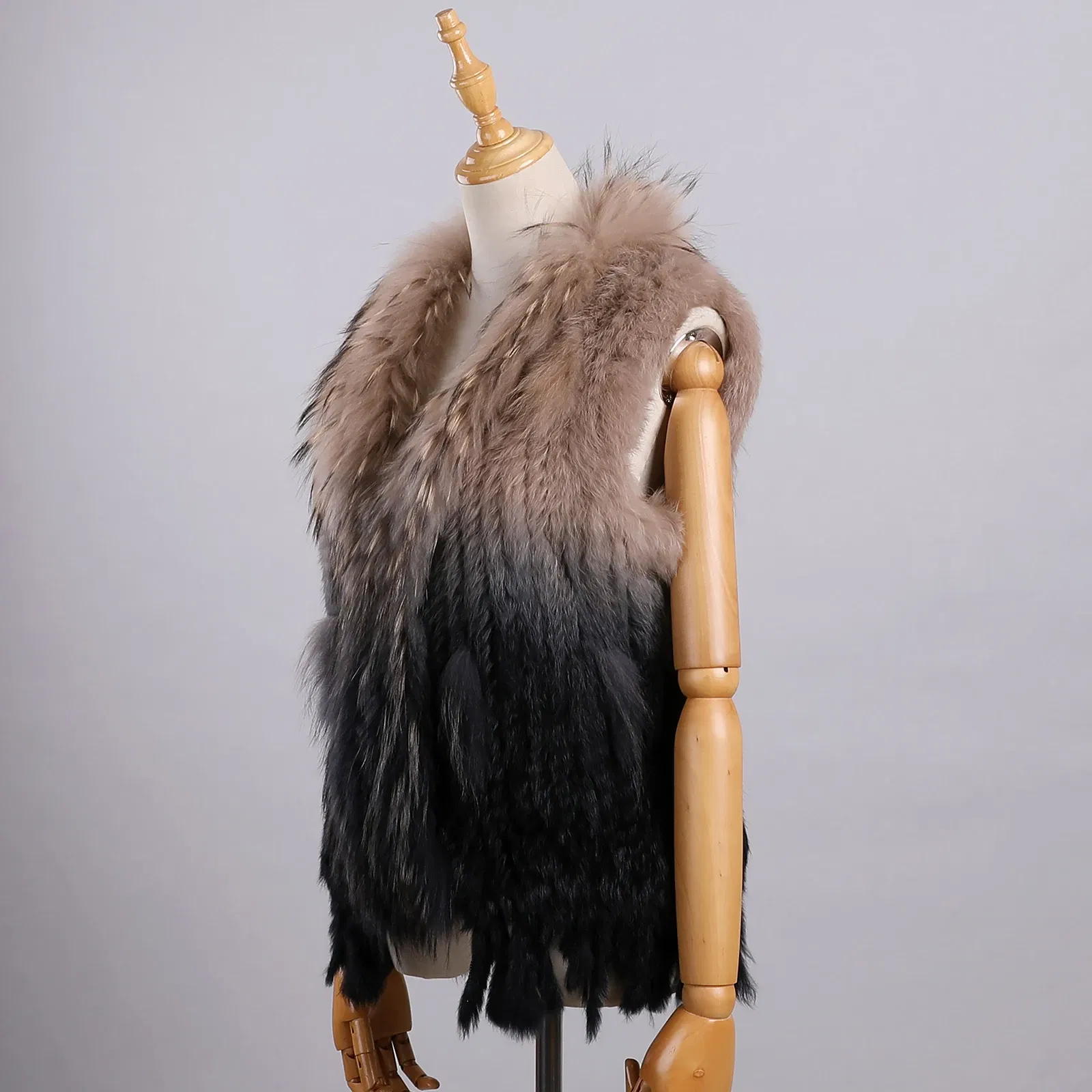 Color: Blue, Size: M - Luxury Women's Genuine Premium Long Hair Rabbit Fur Knit Vest Raccoon Fur Trim Gilet Lady Sleeveless Waistcoat Real Fur Jacket
