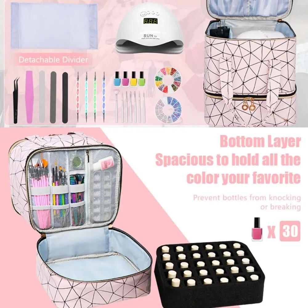 Color: SKY BLUE - 30 Grids Nail Organizer Makeup Bag Cosmetic Manicure Case Professional Double Layer Design Nail Polish Gel Handbag with Handle
