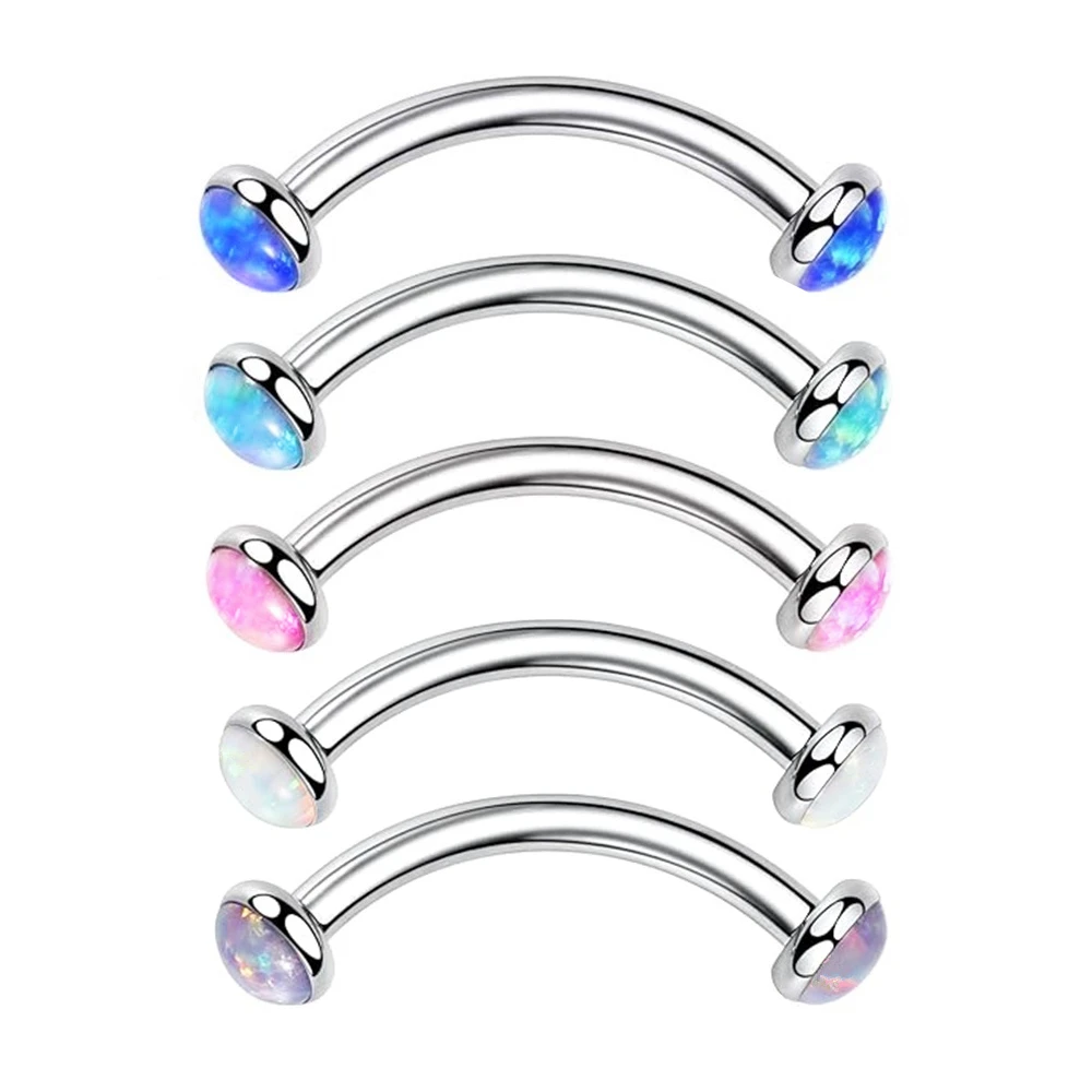 Metal color: Imitation Rhodium Plated, Main Stone Color: WHITE - 3/4/5mm Opal Steel Eyebrow Ring Internally Threaded 6mm -14mm Bar Curved Barbell Monroe Lip Stud Ear Tragus Piercing