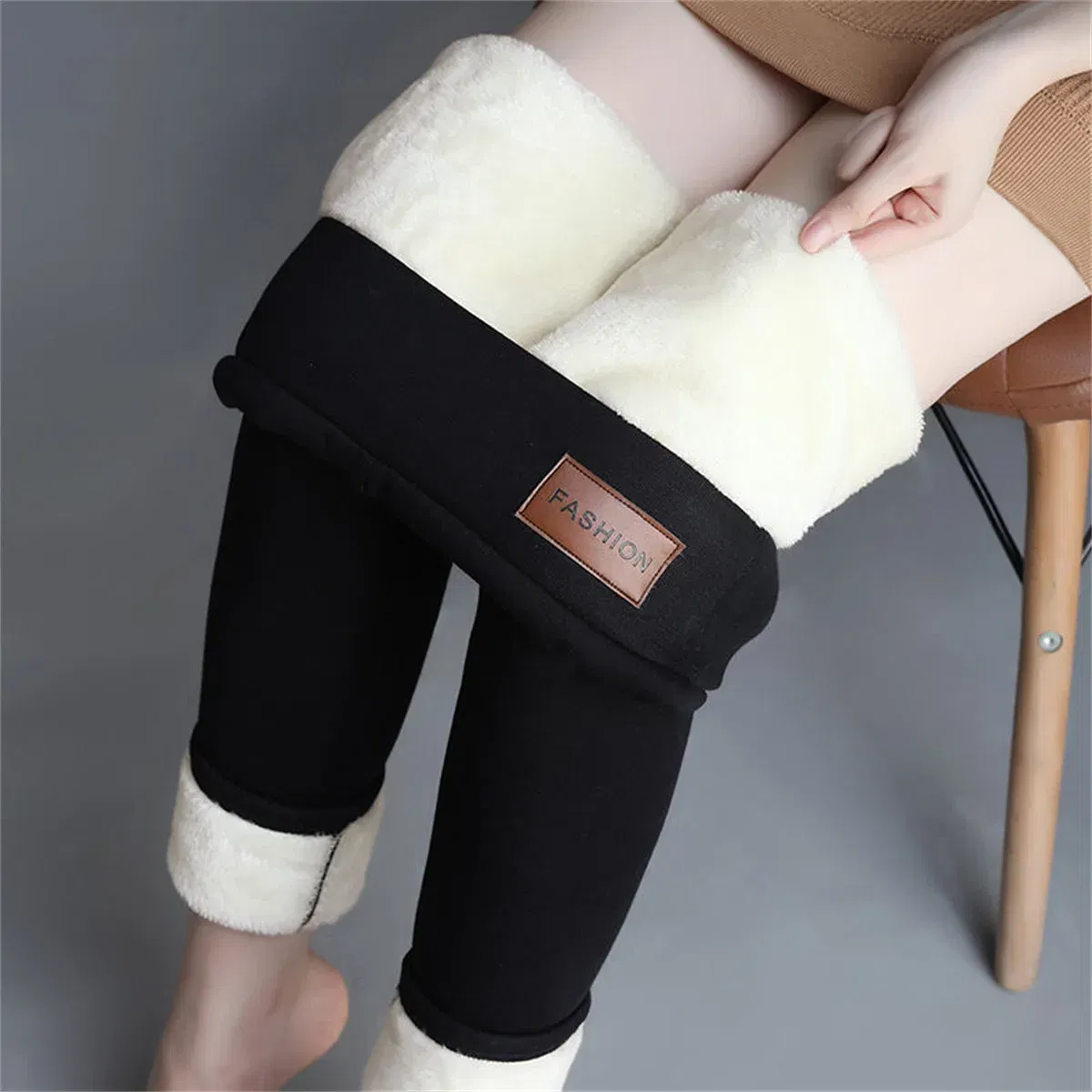 Color: Blue, Size: L - Winter Women Leggings Solid Warm Leggings Thicken Lambwool Hight Waist Fleece Keep Butt Lift High Stretchy Walking Pants Pocket