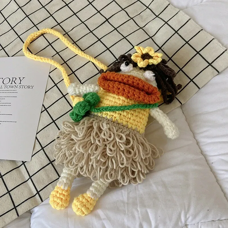 Color: Yellow - New hand-woven cute mobile phone bag fashion wool messenger bag personality crochet key bag wool women's bag