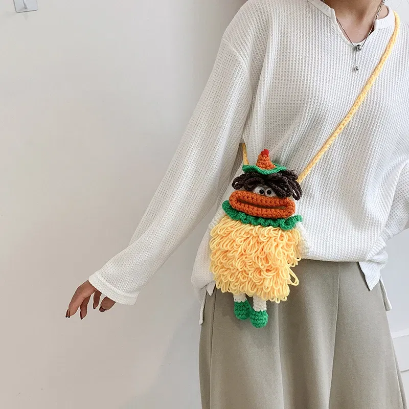 Color: Yellow - New hand-woven cute mobile phone bag fashion wool messenger bag personality crochet key bag wool women's bag