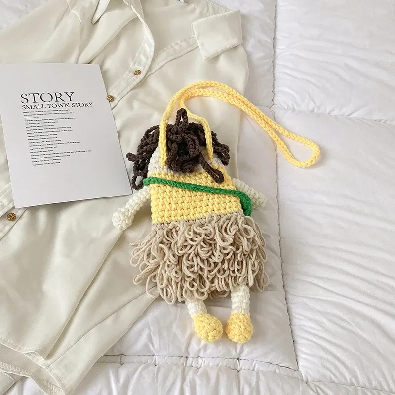 Color: Yellow - New hand-woven cute mobile phone bag fashion wool messenger bag personality crochet key bag wool women's bag