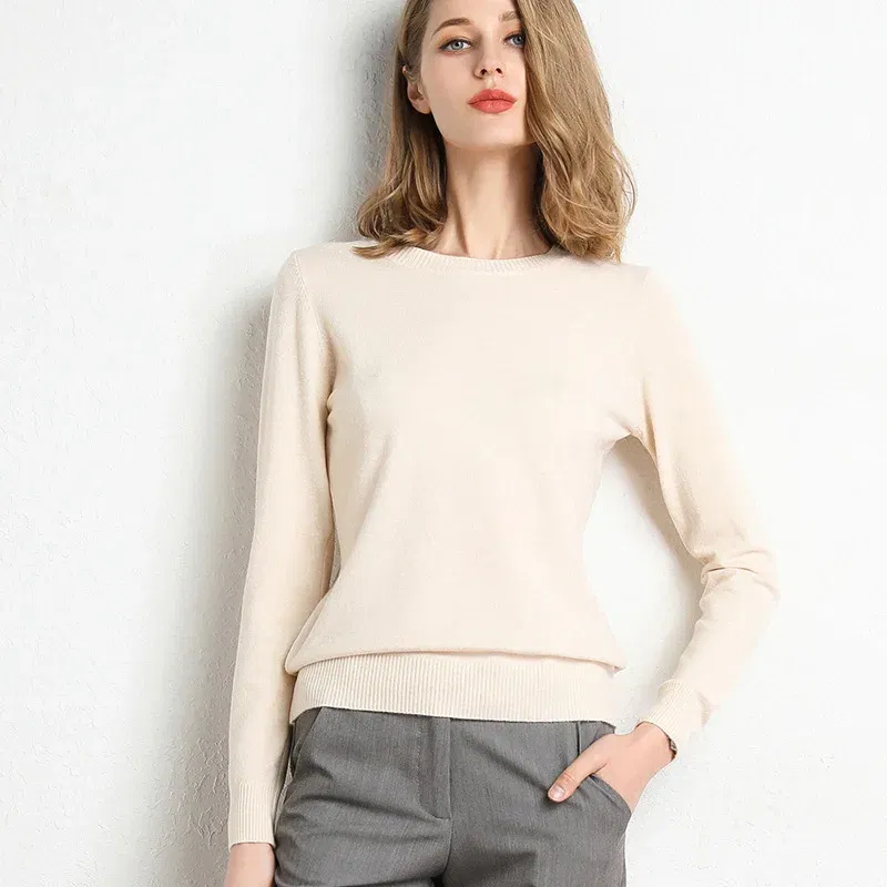Color: Beige, Size: L - Women Slim O-Neck Solid Pullover Cashmere Wool Blending Sweater Autumn And Winter Long-Sleeved Knit Bottoming Shirt Large Size