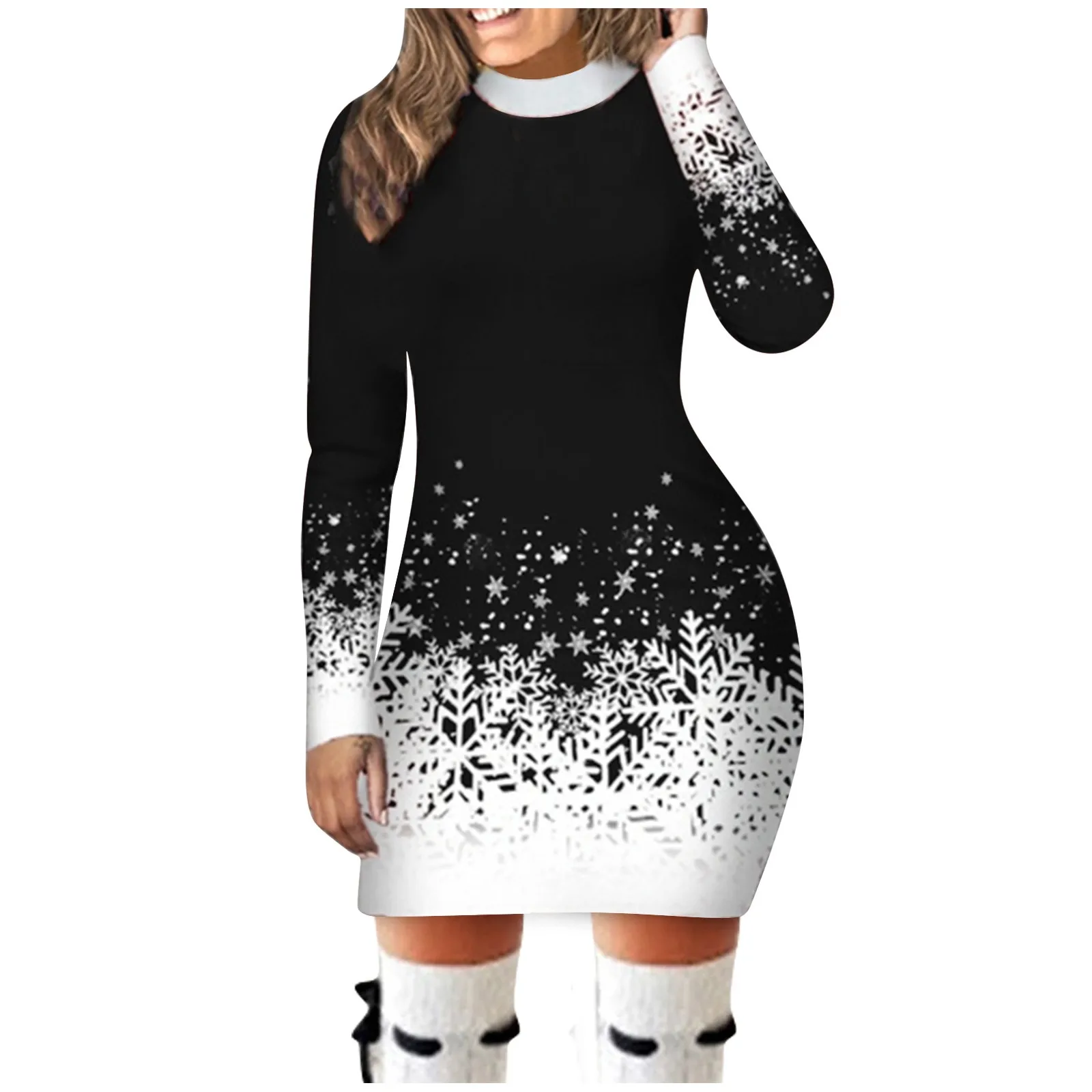 Color: black, Size: M, Ships From: CN - Women's Christmas Dress Hip Wrap Slim Fit Autumn Winter 2024 Dresses Round Neck Snowflake Printed Long-sleeved Party Clothes