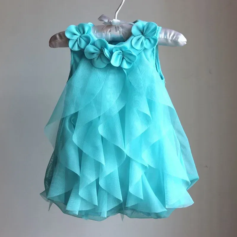 Color: Pink, Kid Size: 12M - Summer Sleeveless Girls Chiffon Dress Flowers Kids Girl Birthday Party Dresses Baby Clothes Vestidos