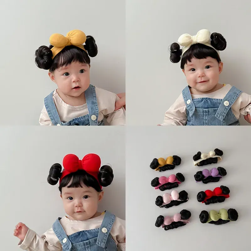 Color: Beige - New Year Hair Accessories Cute Bow Baby Girl Wig Hat Hairpiece Christmas Newborn Children Kids Girls Cosplay Headbands Headwear