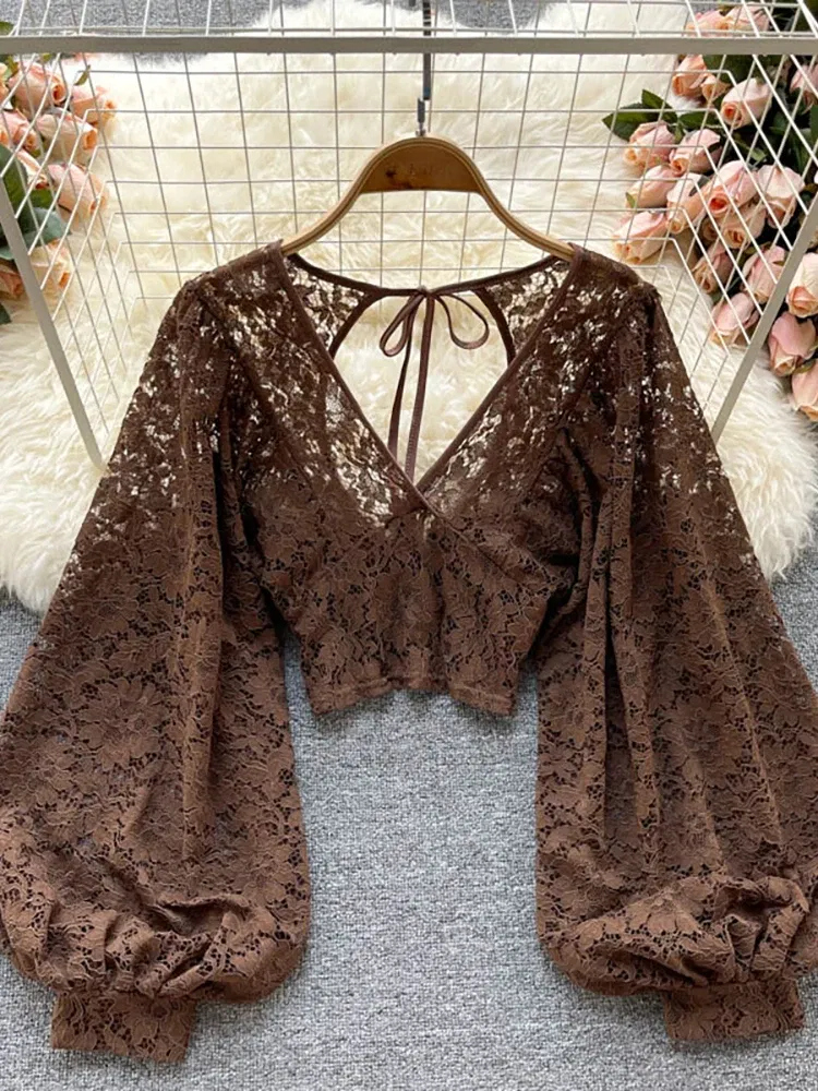 Color: green, Size: One Size - Autumn Black/White/Brown Sexy Lace Blouse Women Elegant V-Neck Puff Long Sleeve Open Back Short Tops Female Party Blusas 2021