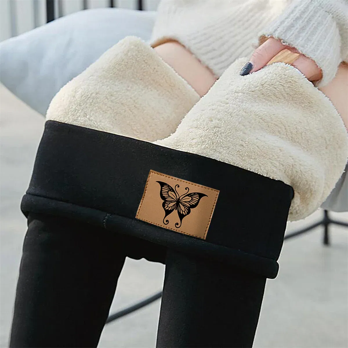 Color: SKY BLUE, Size: XL - Winter Women Leggings Solid Warm Leggings Thicken Lambwool Hight Waist Fleece Keep Butt Lift High Stretchy Walking Pants Pocket