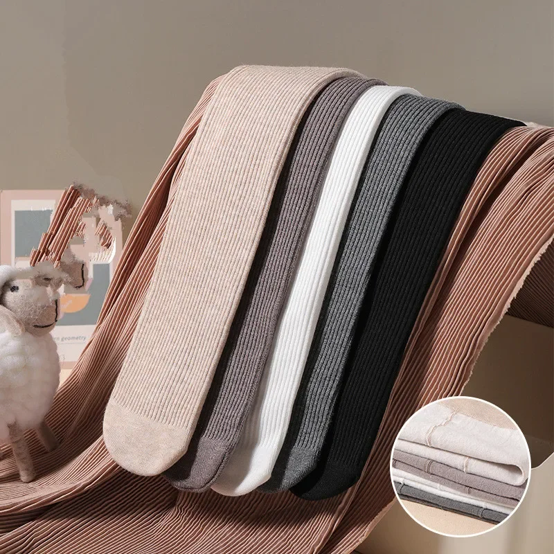 Color: Beige, Size: S - Autumn Winter New Thin Plush Vertical Stripe Solid Color Girls' Pantyhose With Plush Warm Children's Bottom Socks and Panties