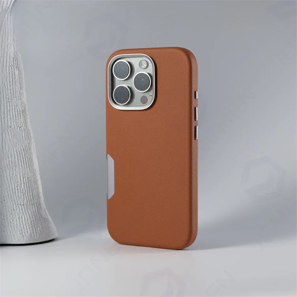 Color: GRAY, Material: Genuine Leather - For Magsafe Leather High Quality Alloy Camera Button Magnetic Case For iPhone 16 Pro Max 16pro Wireless Charge Shockproof Cover