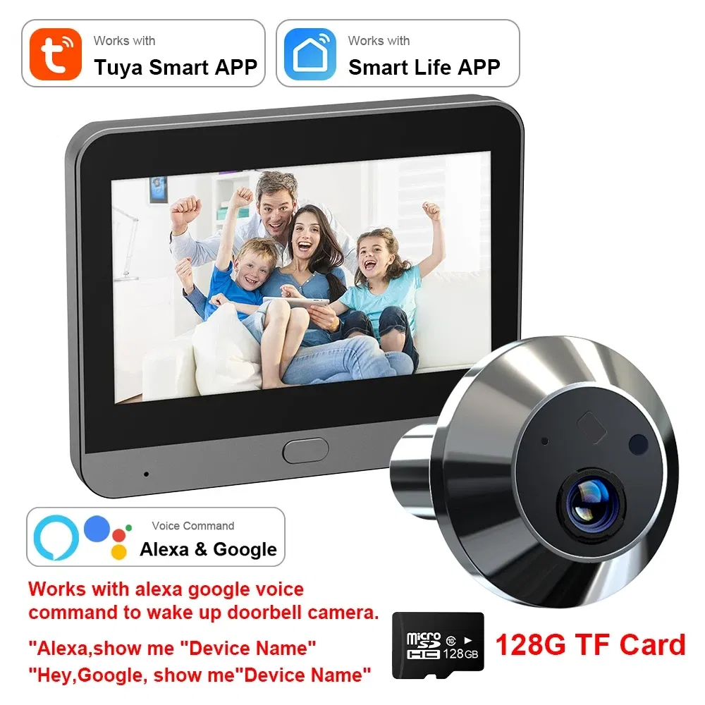 Color: Beige, Ships From: CHINA - New! Mini Smart Life Tuya 3MP 140?° Wide View Angle 2.4Ghz WiFi Magic Door Peephole Eye PIR Camera Digital Door Viewer Battery
