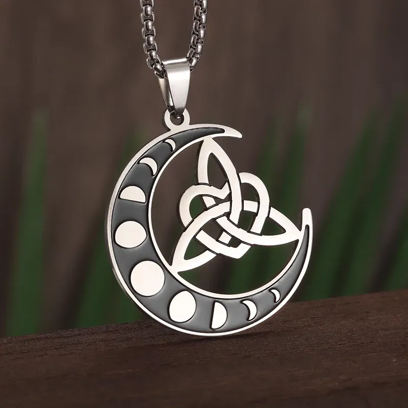 Metal Color: Platinum Plated - Stainless Steel Silver Color Pattern Witch Knot Pendant Necklace Celtic Knot Lucky Jewelry Gift for Friends Family