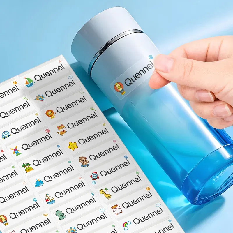 Color: Light Grey, Size: 3cm - Custom Waterproof Transparent Name Stickers - Personalized Multilingual Labels for Kids School Supplies (Hebrew/English/Spanish)