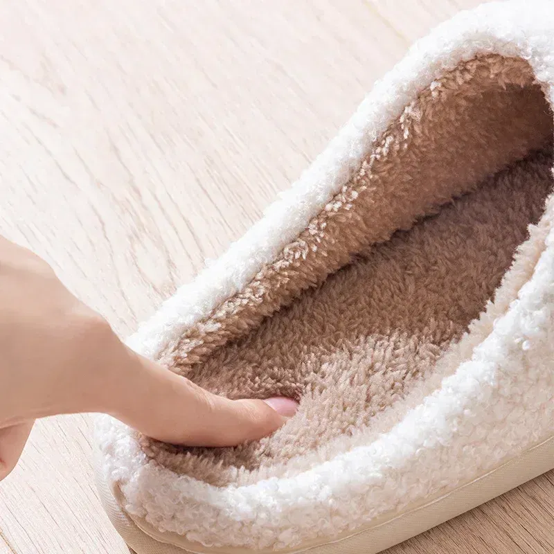 Color: Beige, Shoe Size: 42-43 - Women Rainbow Slippers Men Retro Preppy Slippers Winter Warm Plush House Fluffy Living Room Shoes Female New Christmas Gifts