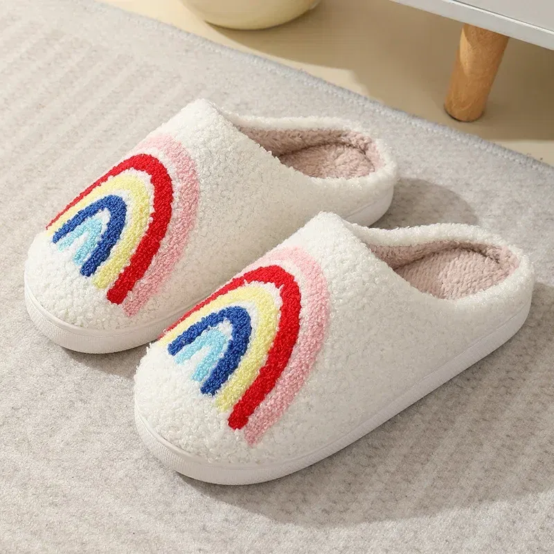 Color: Beige, Shoe Size: 42-43 - Women Rainbow Slippers Men Retro Preppy Slippers Winter Warm Plush House Fluffy Living Room Shoes Female New Christmas Gifts
