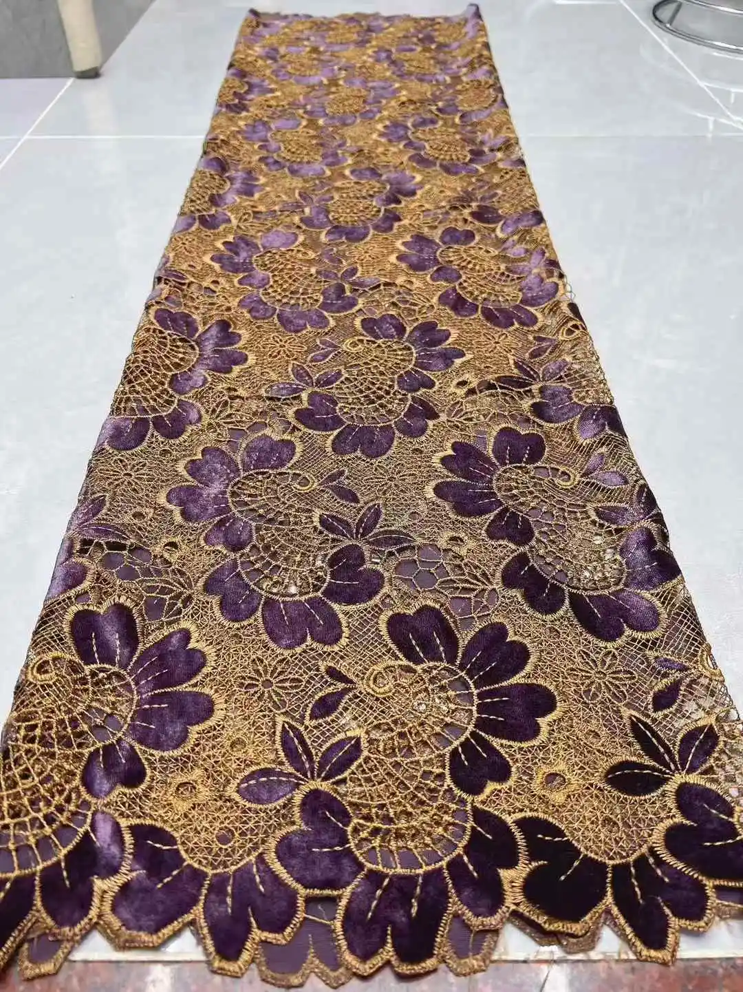 Color: Beige, Width: 120cm, Length: 5 yards - 2026 Purple African Nigerian Velvet Lace Fabric High-Quality Embroidery for Wedding Party Sewing SHXI