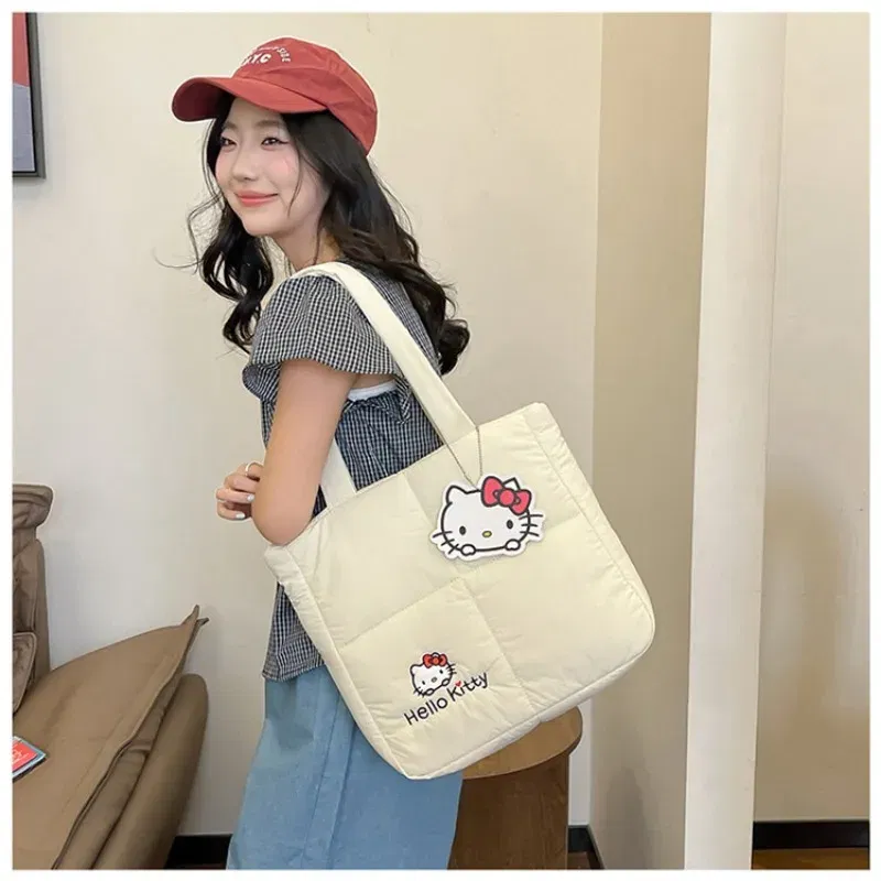 Color: Beige, Size: Extra Large - 2024 New Sanrio Handbag Cartoon Cute Down Fabric Kuromi Tote Bag Shoulder Pacha Dog Cute Stationery Bag Large Capacity Handbag