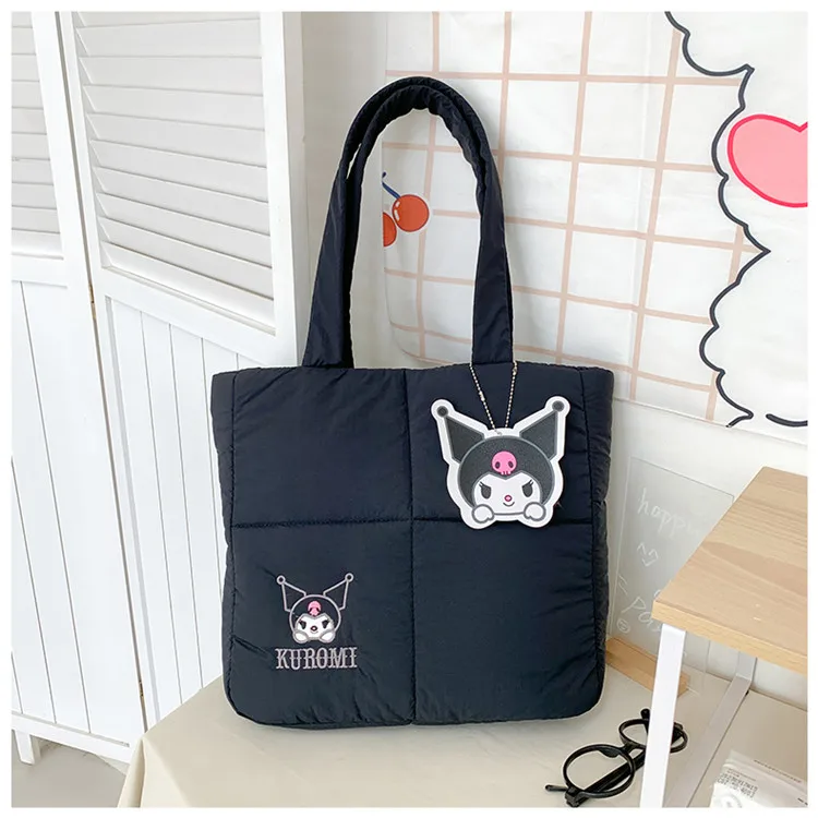 Color: Beige, Size: Extra Large - 2024 New Sanrio Handbag Cartoon Cute Down Fabric Kuromi Tote Bag Shoulder Pacha Dog Cute Stationery Bag Large Capacity Handbag