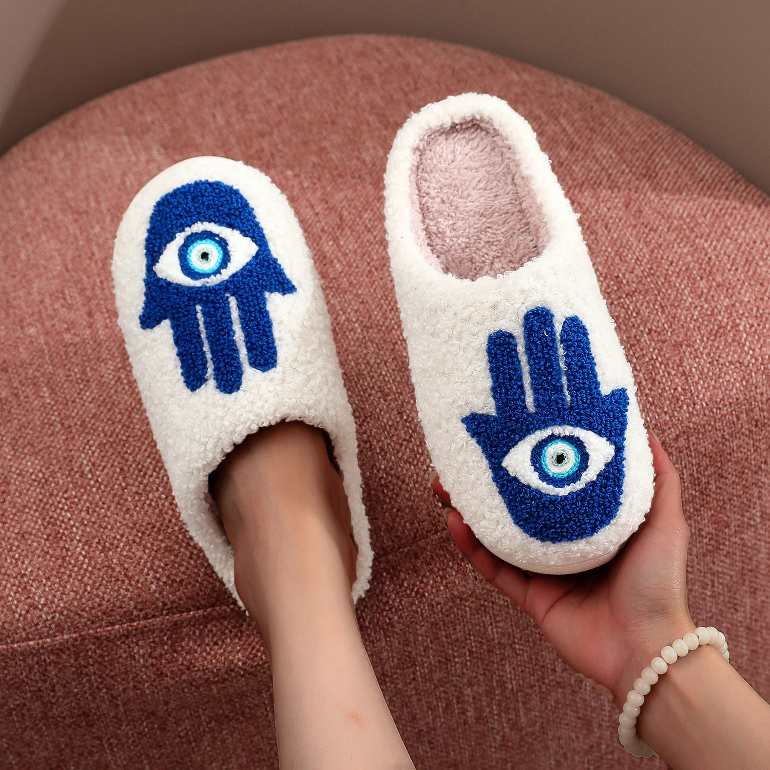 Color: Blue, Shoe Size: 38 - Winter Funny Palm Fur Slippers Home Home Wear-Resistant Non-Slip Plus Velvet Thick Bottom Cotton Slippers