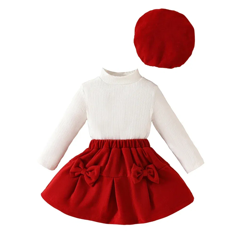 Color: PURPLE, Kid Size: 9M - Baby Girls Clothes New Year Set 0-3Y Long Sleeve Big Bow Top Irregular Skirt and Beret 3Pcs Toddler Christmas Clothes