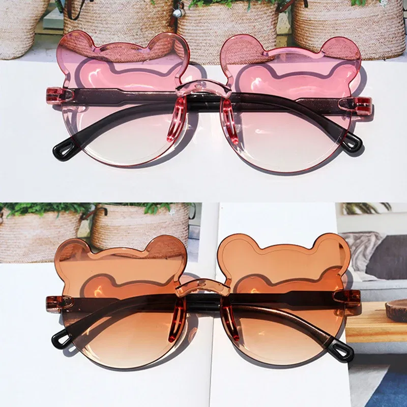 Lenses Color: Brown - Hot Sale!Children Cute Cartoon Bear Shape Sunglasses Boy Girls Summer Anti-UV UV400 Rimless Sun Glasses Kids Outdoor Sun Glasses
