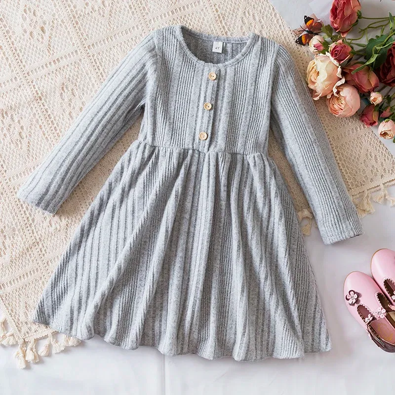 Color: Brown, Kid Size: 7 - Autumn and Winter Girls Knitted Sweater Dress Solid Color Soft Long Sleeve Dress Children Christmas Costume Birthday Casual Wear