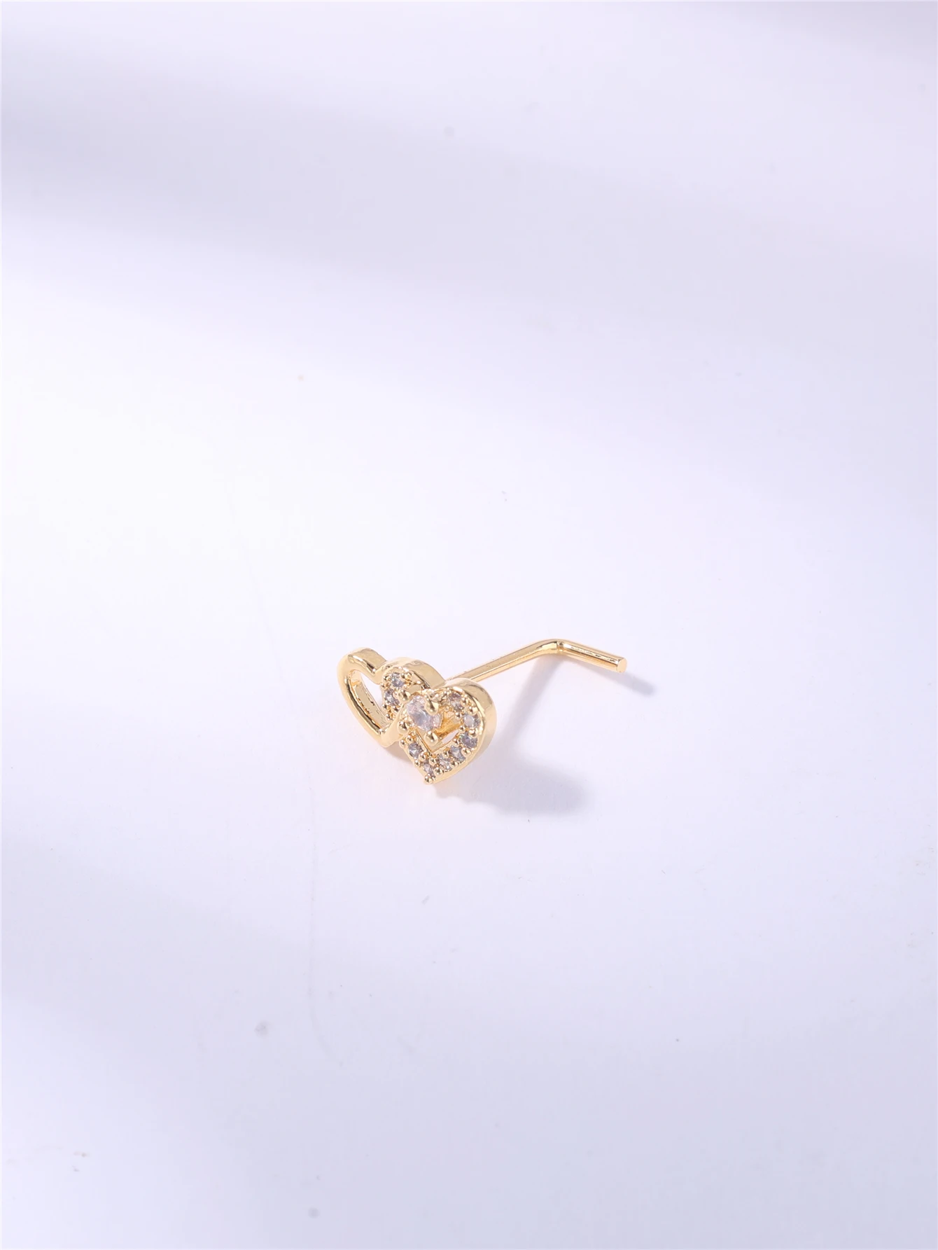 Metal color: Gold-color - 20G L Shaped Nose Studs Rings Cute Heart Shiny CZ Love Stone Gold Silver Color Nose Piercing for Women Girl Nostril Jewelry