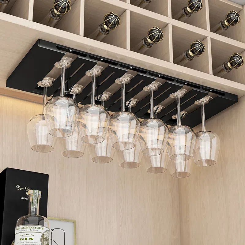 Color: Light Grey - Stainless Steel Under Cabinet Wine Glass Cup Holder Space-Saving Bar Counter Shelf Storage Rack Hanging Hooks Goblet Pokal Stand