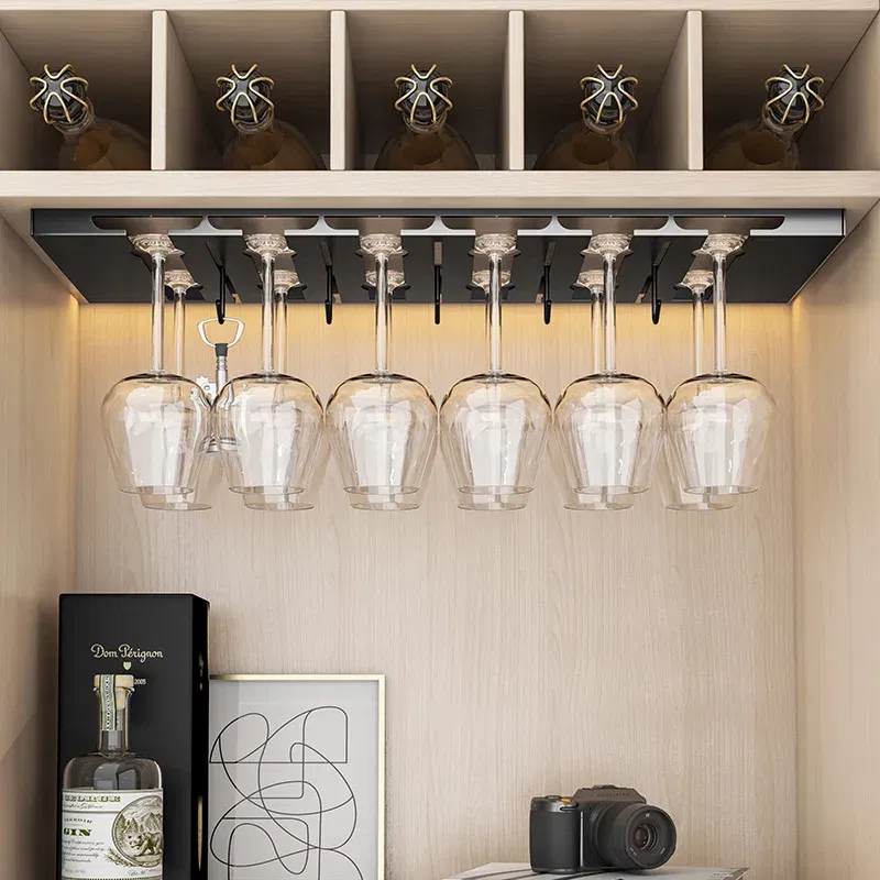 Color: Light Grey - Stainless Steel Under Cabinet Wine Glass Cup Holder Space-Saving Bar Counter Shelf Storage Rack Hanging Hooks Goblet Pokal Stand