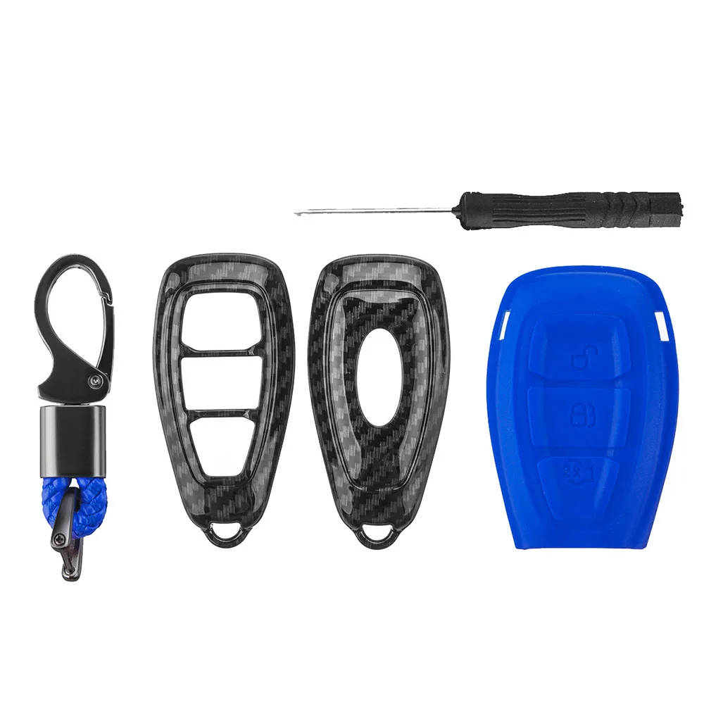Color Name: Blue - Carbon Fiber Remote Key Fob Case Shell Cover Compatible with Fords/Focus/Fiesta/Kuga/C-Max