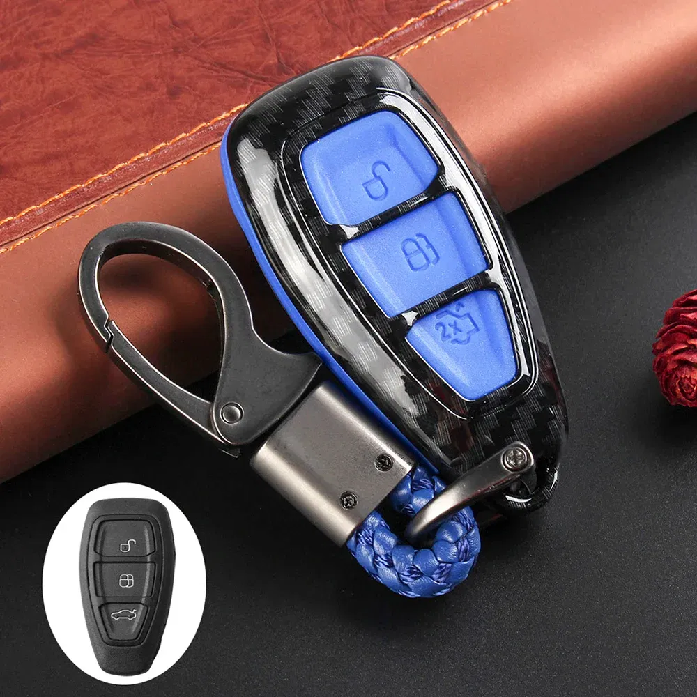 Color Name: Blue - Carbon Fiber Remote Key Fob Case Shell Cover Compatible with Fords/Focus/Fiesta/Kuga/C-Max