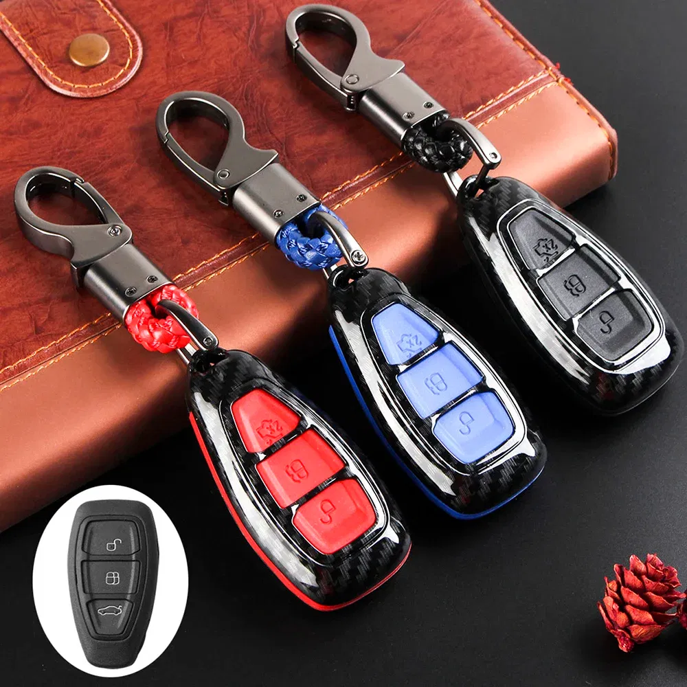 Color Name: Blue - Carbon Fiber Remote Key Fob Case Shell Cover Compatible with Fords/Focus/Fiesta/Kuga/C-Max