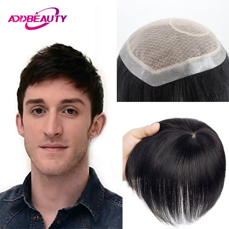 Toupee Color: 2020#, Toupee Density: 120%, Length: 6 inches - Silk Base Men's Capillary Prosthesis Swiss Lace PU Base Man Toupee 100% Remy Human Hair Wigs Straight Hair System Natural Hair