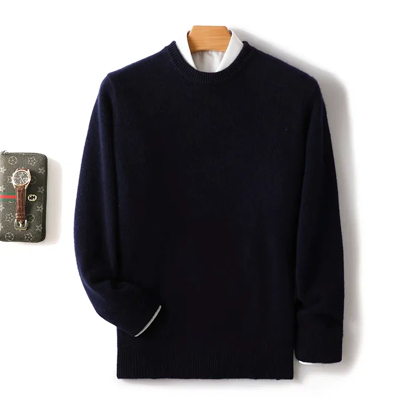 Color: Navy Blue?€ AE existing skus?‰, Size: XL, Ships From: CHINA - Men's 100% Pure Wool Cashmere Sweater O-Neck Pullover Knit Sweater Autumn and Winter New Long Sleeve High-End Jumpers Thick Tops
