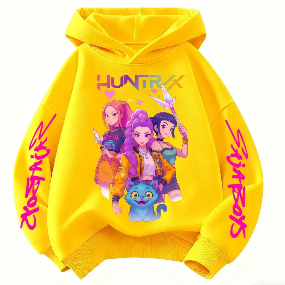 Color: Yellow, Kid Size: 6 - Movie KPop Demon Hunters Rumi Mira Zoey Graphic Hoodie Men's Women Korean Fashion Trend Streetwear Unisex Casual Fleece Pullover