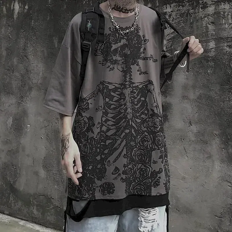 Color: SKY BLUE, Size: XXL - Men T-shirts 2023 Summer Streetwear High Street Gothic Skull Tshirt Loose Oversized Short-sleeved T shirt Dark Anime Men Y2k Top