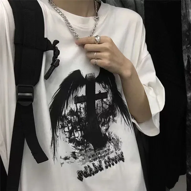 Color: SKY BLUE, Size: XXL - Men T-shirts 2023 Summer Streetwear High Street Gothic Skull Tshirt Loose Oversized Short-sleeved T shirt Dark Anime Men Y2k Top