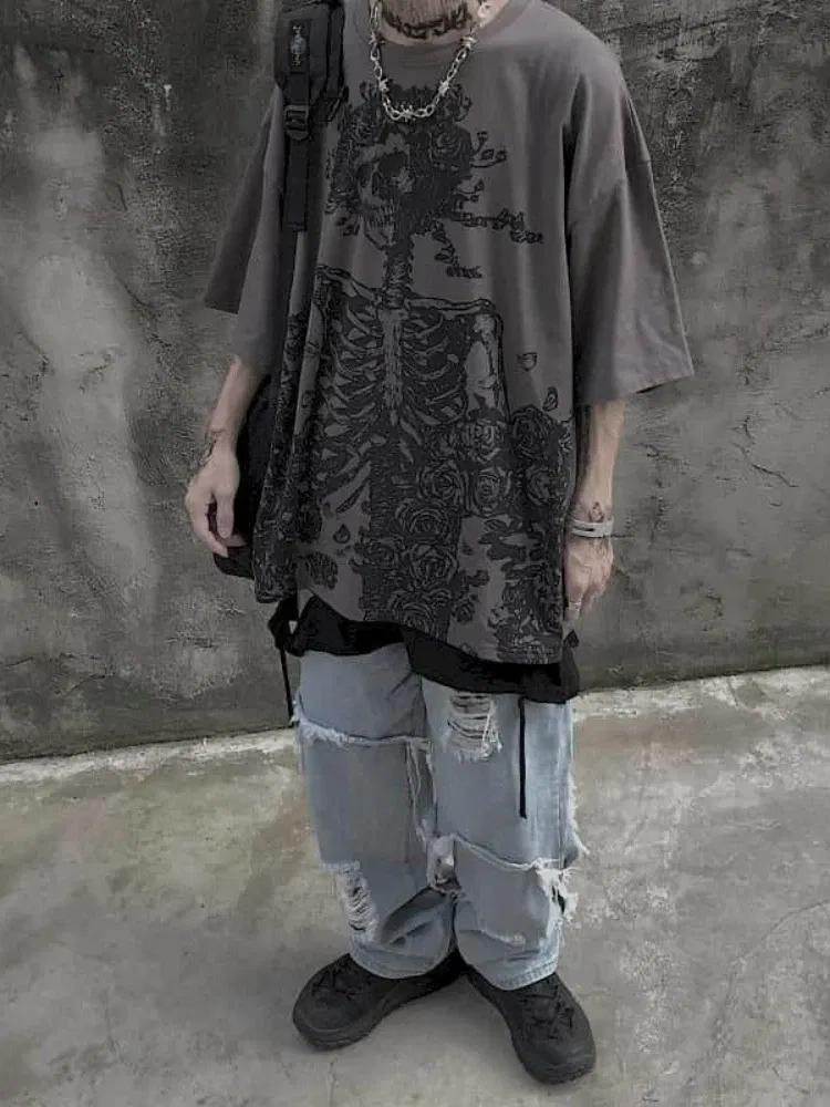Color: SKY BLUE, Size: XXL - Men T-shirts 2023 Summer Streetwear High Street Gothic Skull Tshirt Loose Oversized Short-sleeved T shirt Dark Anime Men Y2k Top